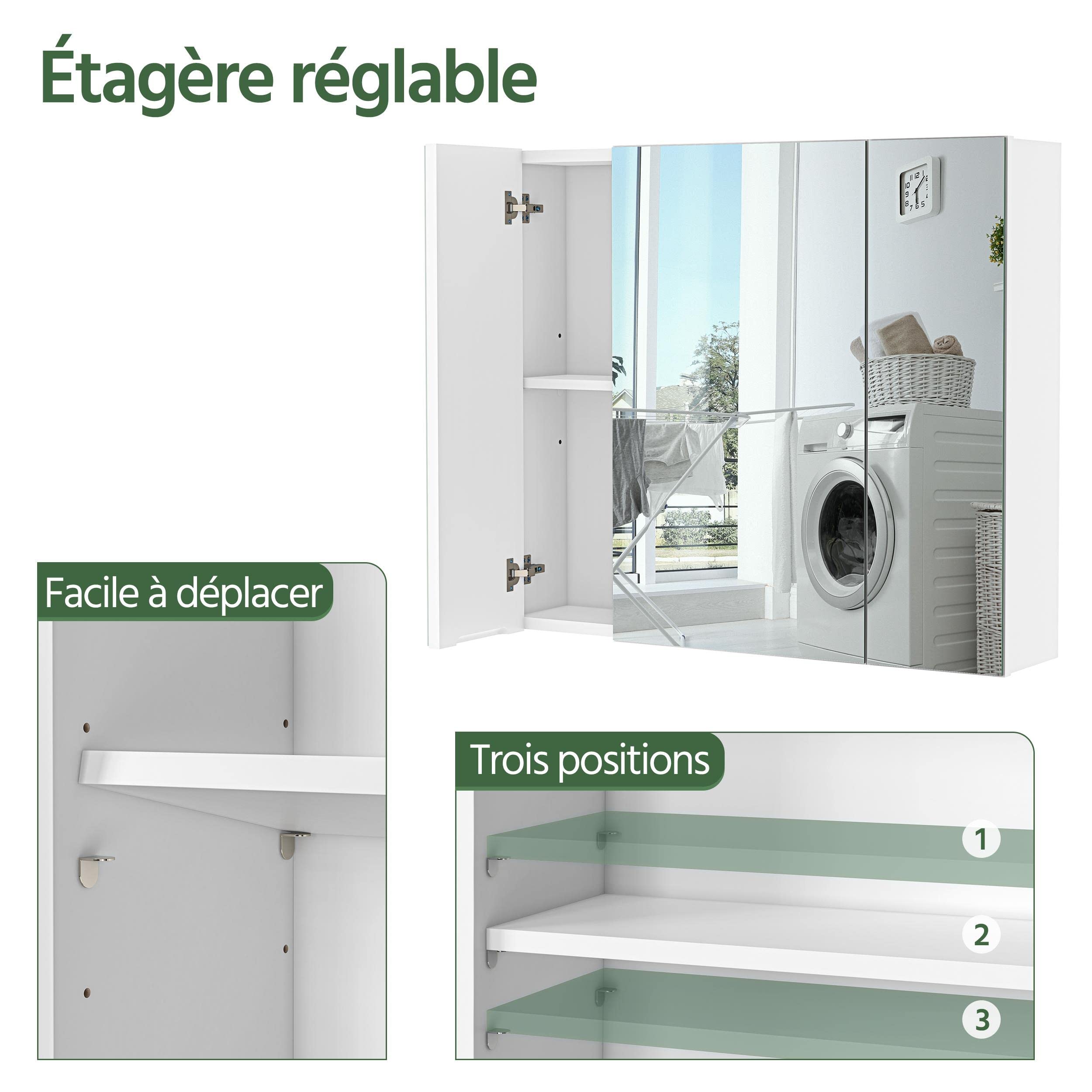 Yaheetech Armoire Murale Salle de Bain, Placard de Rangement Toilettes, avec 3 Portes 3 Miroirs, 2 Niveaux, Étagère Hauteur Réglable 70,5 x 15 x 60,5cm