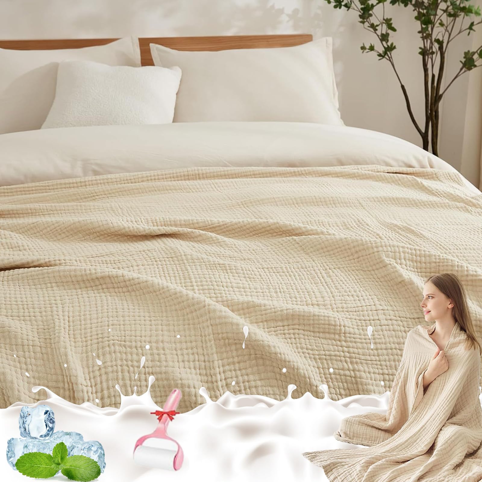 GLSAYZU Muslin Blanket Adult, 100% Muslin Cotton, Gentle Summer Muslin Throw, Lightweight, Breathable, Soft Cooling Blanket For Sleeping (B,150 * 200cm)