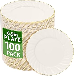 YOUBET 100 Pack Ivory Scalloped Plastic Plates - 6.5 Inch Gold Disposabl...