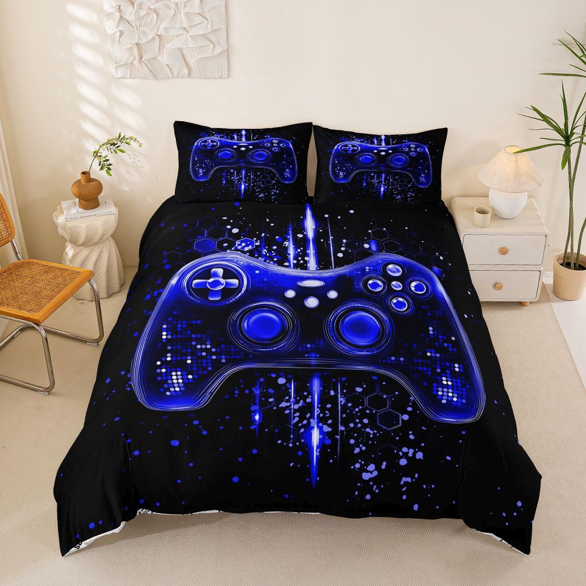 Loussiesd Blue Game Consoles Boys Duvet Cover Set Single Size Honeycomb Gaming Duvet Cover with 1 Pillowcase for Boys Girls Cool Gamer Bedding Set Room Decor โ image 1