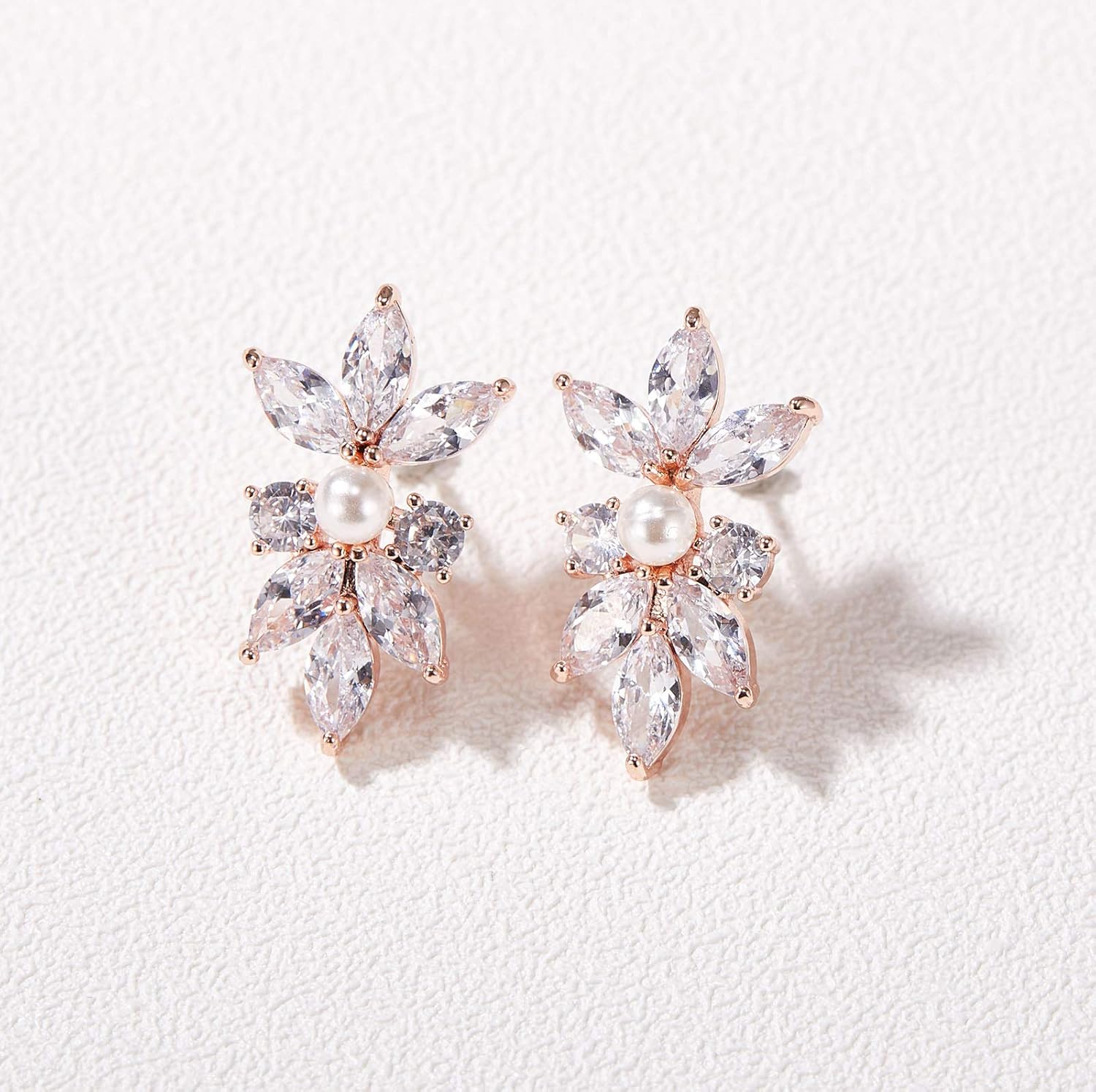 SWEETV Marquise Cubic Zirconia Wedding Bridal Stud Earrings for Brides Bridesmaids, Crystal Pearl Rhinestone Stud Earrings for Women Prom Party Jewelry Gifts