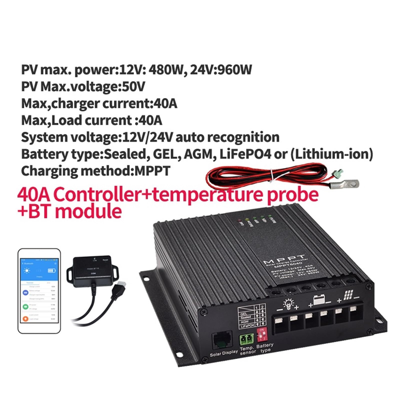 Contrôleur de charge solairev Contrôleur De Chargeur Solaire MPPT 40A 12V 24V, Support Bluetooth APP LCD, Régulateur Automatique De Panneaux Solaires For Batterie Au Lithium, Camping-car Simple et pra