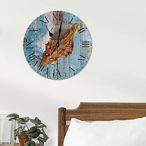 Miniatura 59 de ArogGeld Reloj de pared de PVC de mediados de siglo, concha, números de playa, estilo océano con números romanos de 10 pulgadas, funciona
