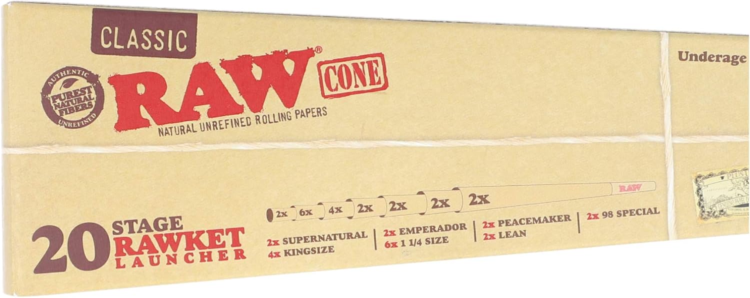 RAW Cones 20 Stage RAWKET Variety Box | 7 Different Sizes: 1 1/4, King, 98s, Lean, Supernatural, Challenger, Emperador