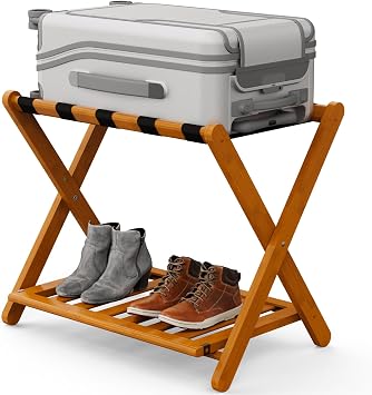 Lenwi Fully Assembled Luggage Rack, 5 Nylon Straps Folding Suitcase Stand, Heavy Duty 200lbs Capacity, Large Luggage Holder for Bedroom, Guest Room, Hotel,Honey Oak