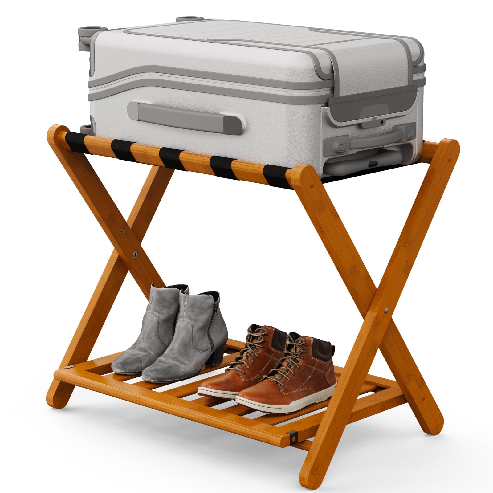 Porte-bagages en bambou avec étagère à chaussures - Support pliant 90 kg chêne miel