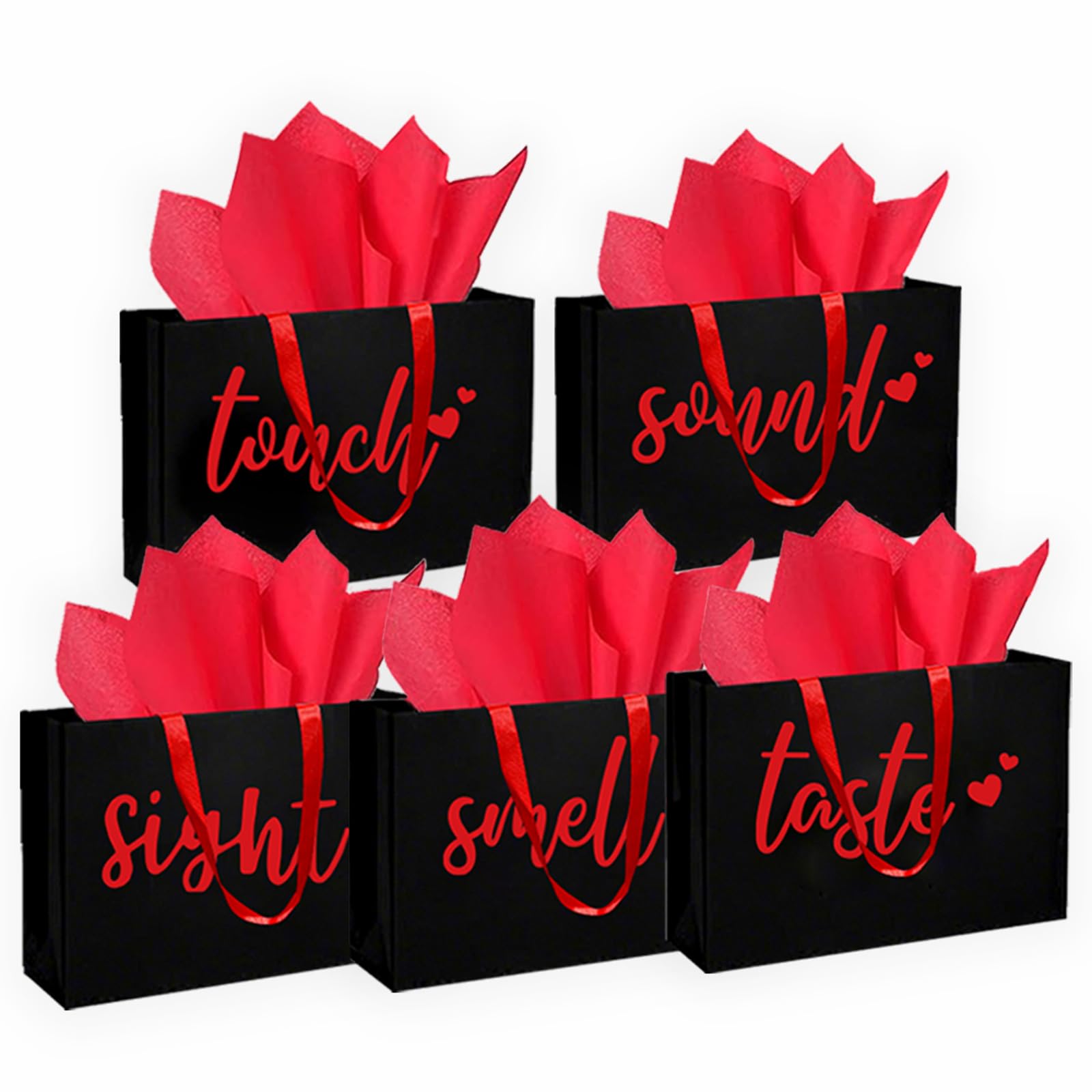 YIXAXKAO 5 Senses Gift Bags Five Senses Gift Bags with Tissue Paper Kraft Paper Bag with Ribbon Handles for Anniversary, Valentine's Day, Birthday for Him Husband Boyfriend (Red black) โ image 1