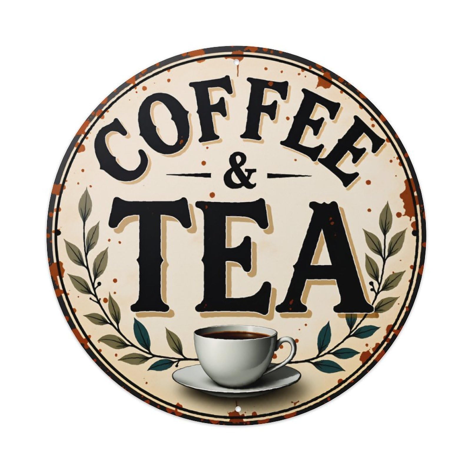 Coffee & Tea Vintage Leaf Kitchen Round Decor Sign Vintage Aluminium Metal Sign, Retro Wall Decor for Home, Bar, Garage & Farmhouse 20x20cm