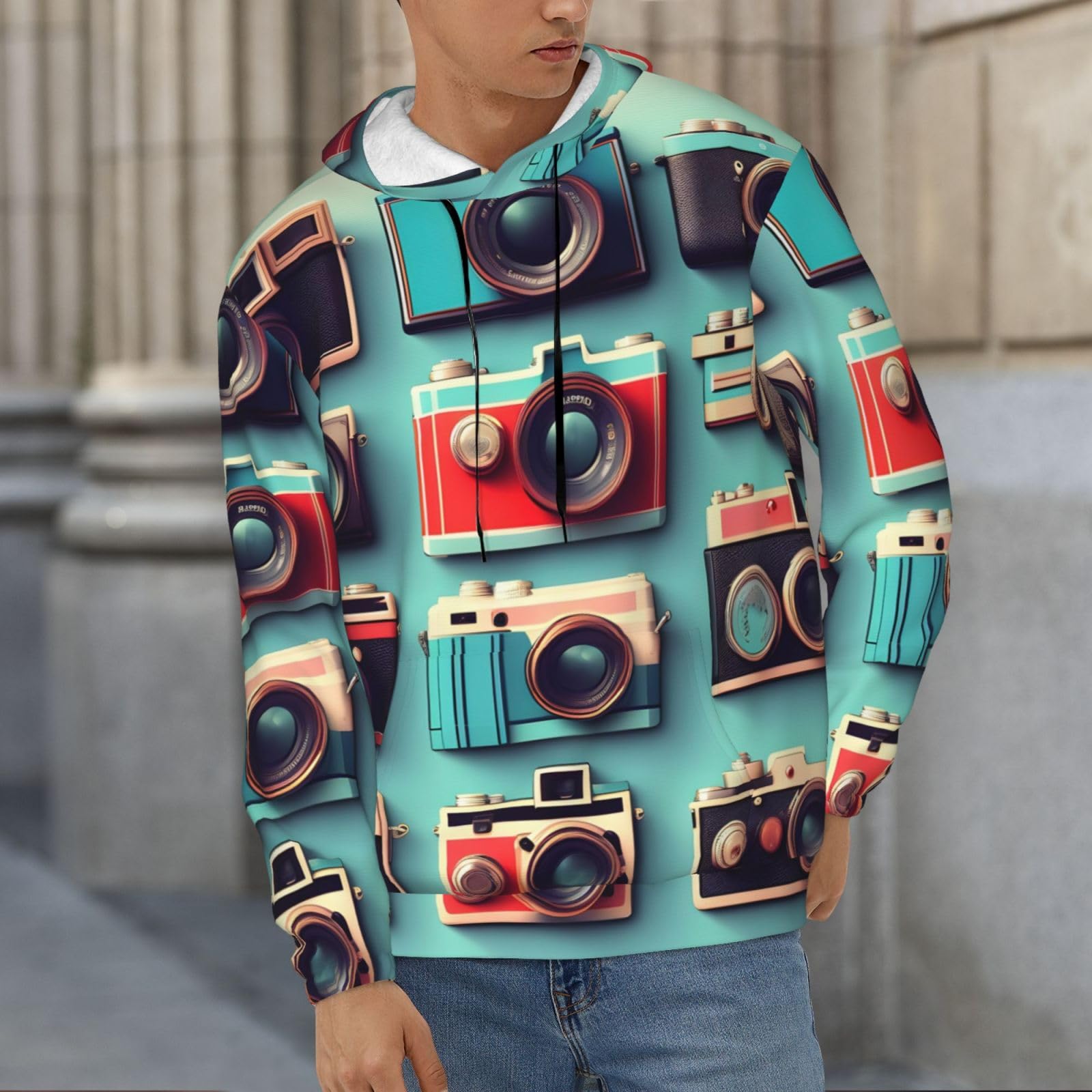 Męska bluza z kapturem w stylu retro fajna kolekcja aparatu, swobodny nadruk graficzny sweter z kapturem koszule z kieszenią