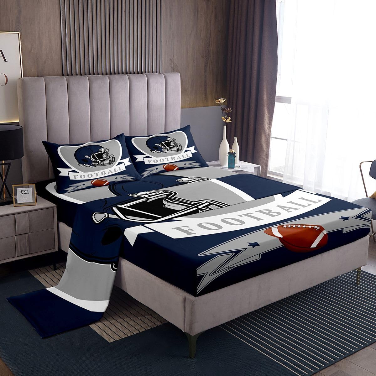 Erosebridal Sheet Set Boys Football Sports Room Decor Queen Size 4 Pieces Gridiron Seasonal Bed Sheets Set, Western Cowboys Sports Game Sheets, Rugby Bedroom Collection - Image 2