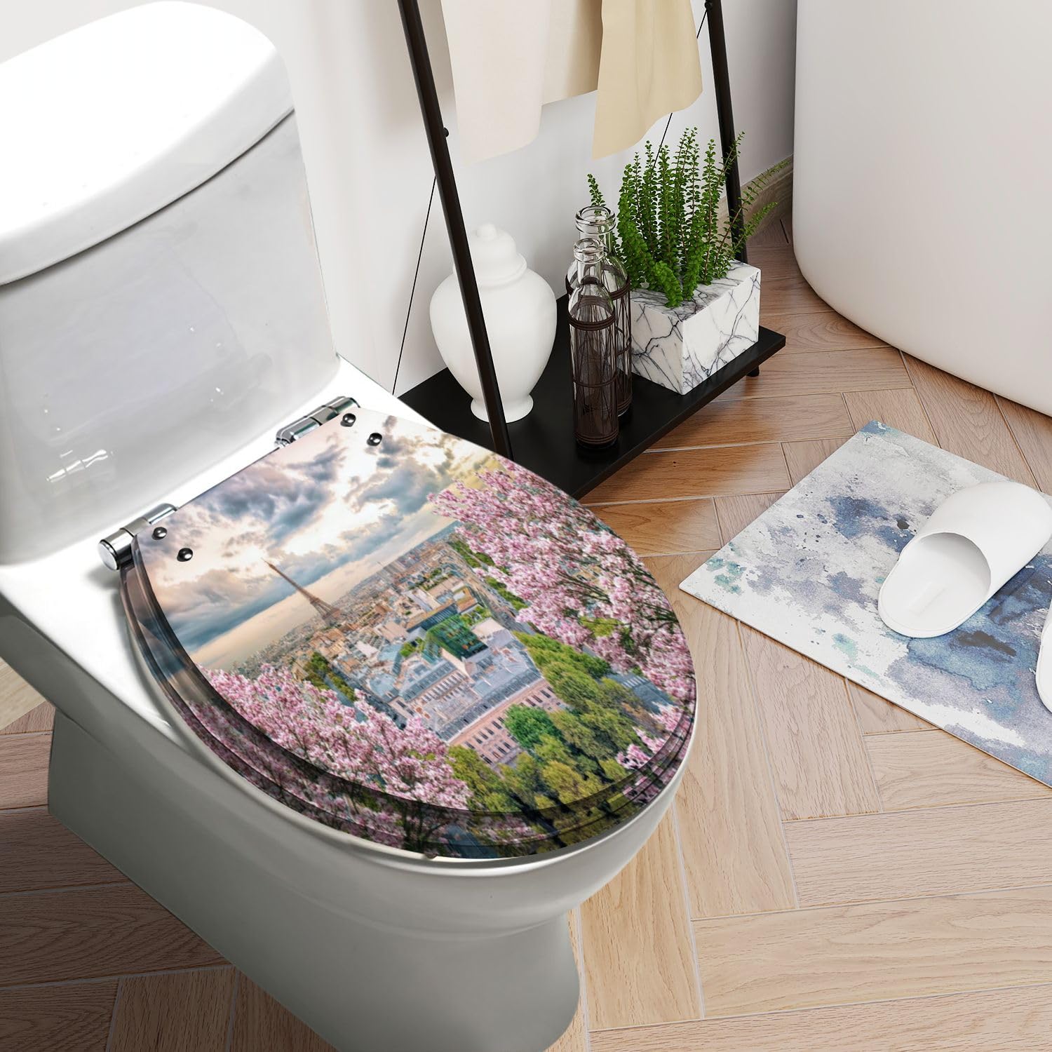Round Toilet Seat Paris city springtime Resin Toilet Seat Quietly Slow Close with Quick-Release Hinges Toilet Seat with Cover Easy to Clean Install