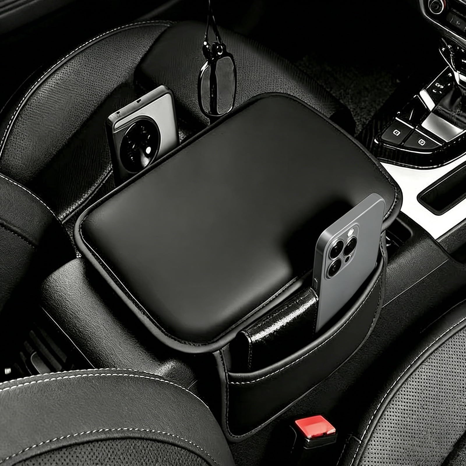 QIZUN Car Armrest Box Cover for Skoda Scala 2023 2024 2025 2026 Centre Console Pad Nappa Leather Protector Mat with 2 Side Storage Pockets Sleeve,Black