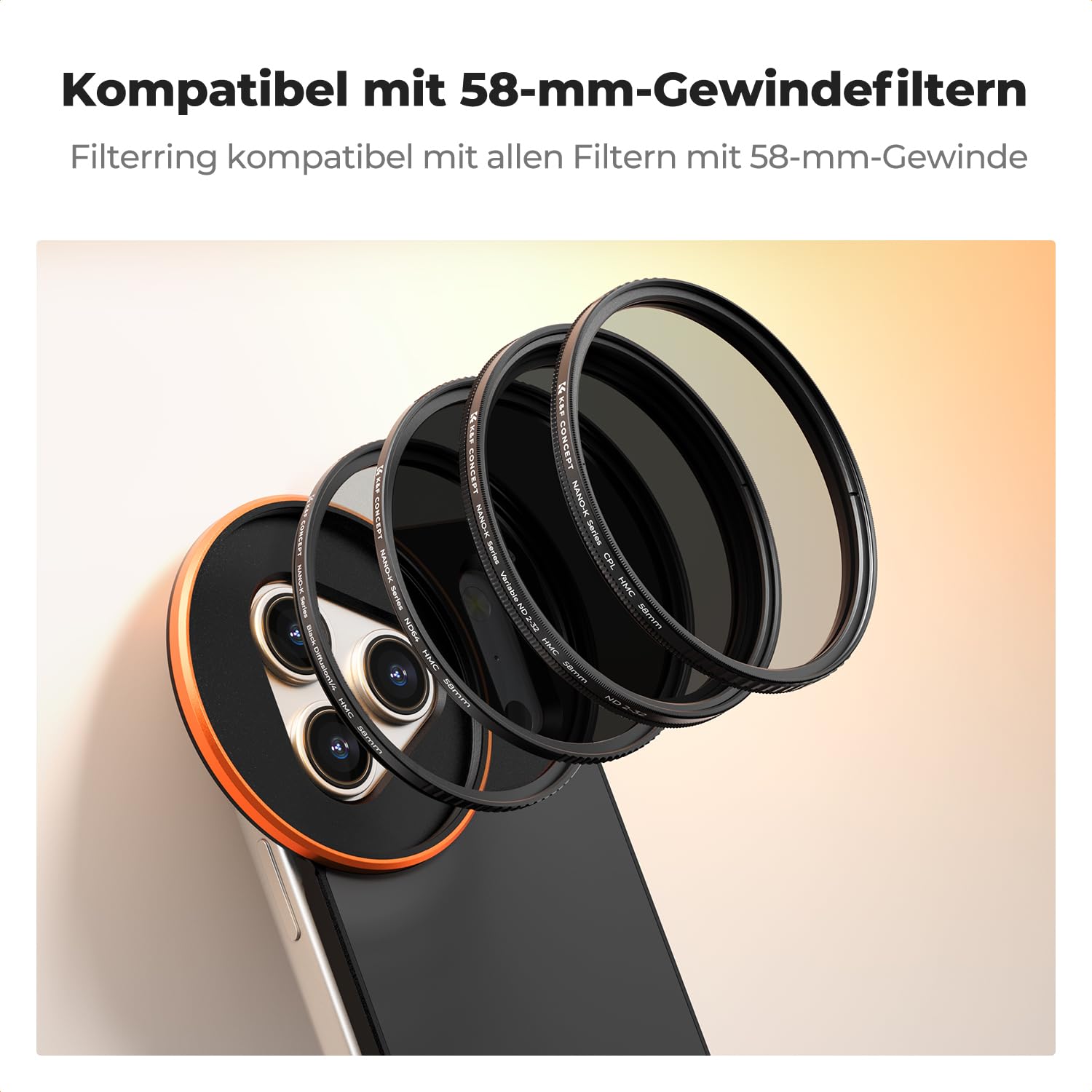 K&F CONCEPT Doppelseitiger magnetischer Filterclip mit 58mm CPL Filter | Kompatibel mit iPhone 17 Pro Max und 58-mm-Gewindefiltern, FA101