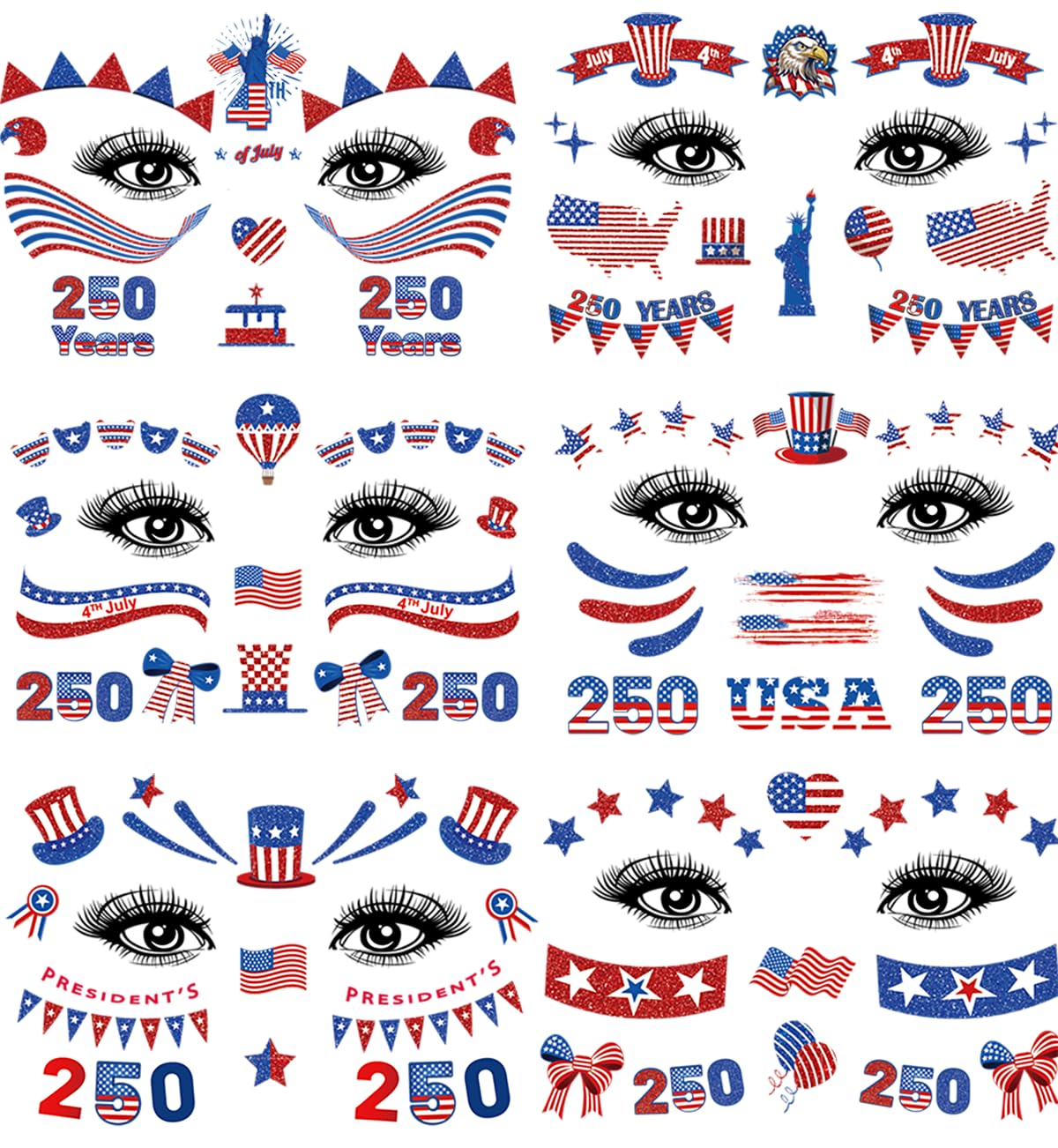 Patriotic Face Temporary Tattoos - 4th of July Designs