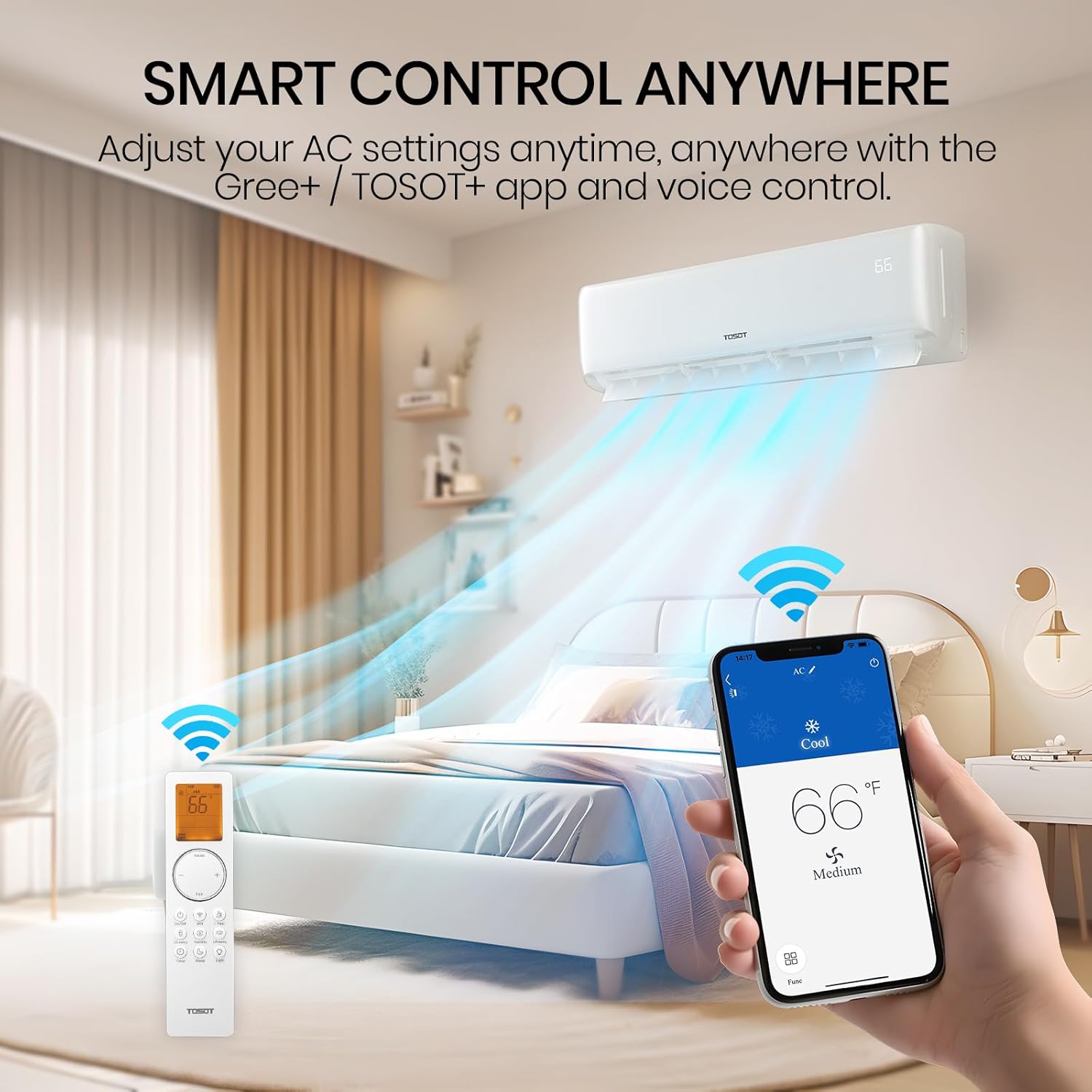 Image showing a hand holding the remote control with a mini-split unit in the background, illustrating smart control capabilities.