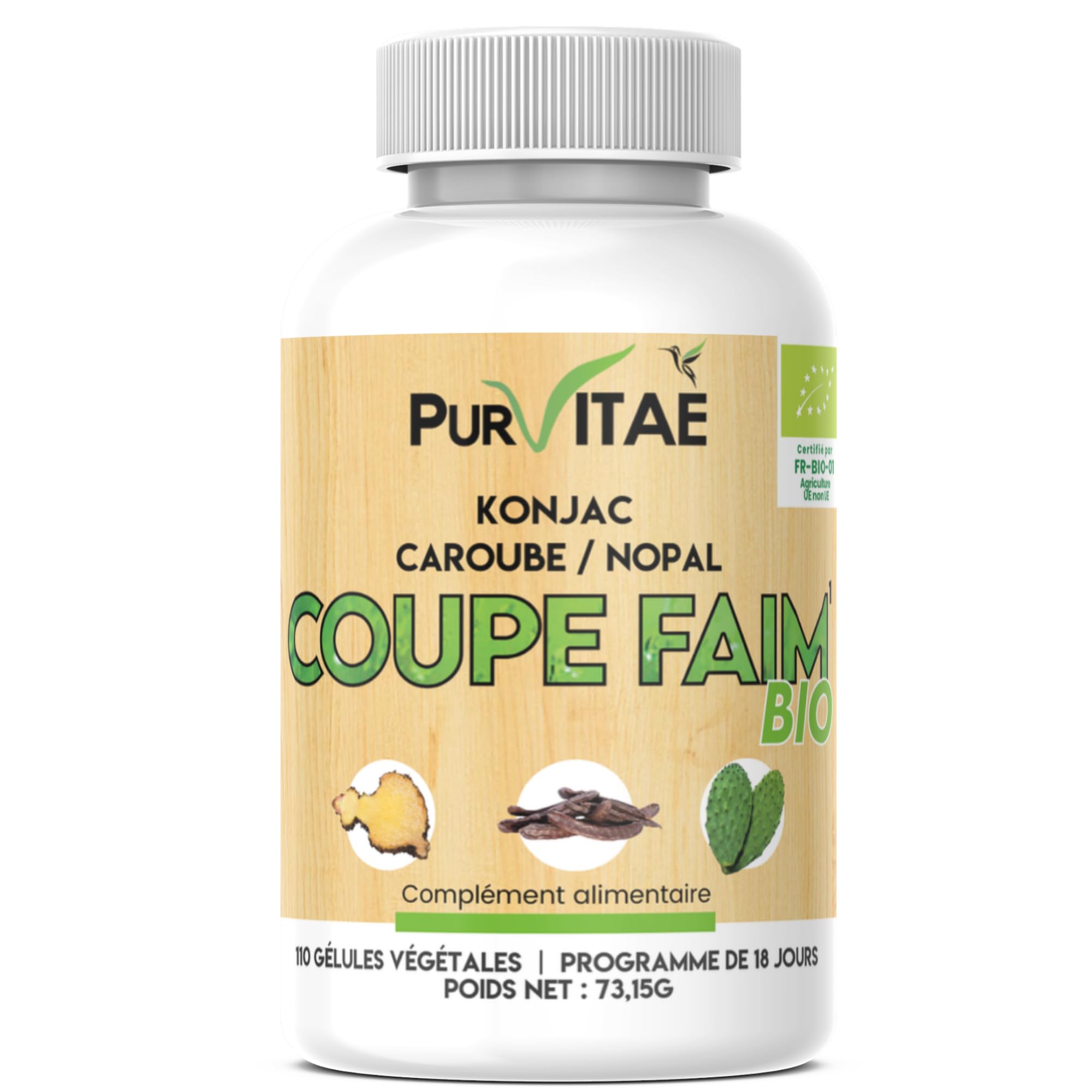 Coupe Faim Mécanique Bio Konjac, Caroube et Nopal | 270 gélules, programme de 45 jours | Réduit l'appétit | Diminue la sensation de faim | Piège les grasses et le sucre | Pur Vitaé