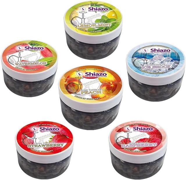 MERITON 6 x 100g Shiazo Shisha Steam Stones Mixed Pack, 6 Varities Taste Flavours for Hookah (Nicotine-Free,Tobacco Substitute, Intense Flavor)