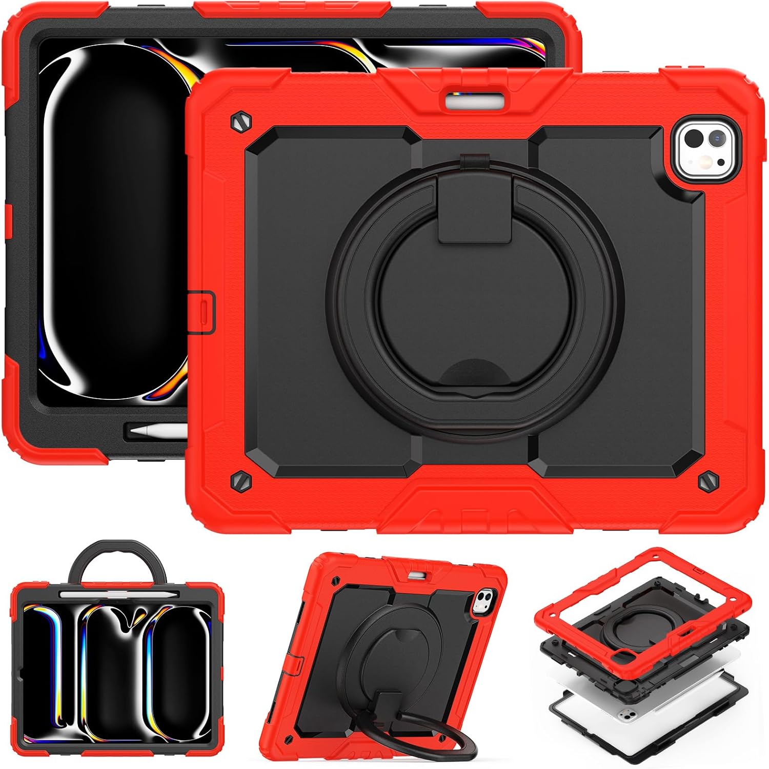 Case Compatible with iPad Pro 13 Inch Case 2024 M4, Full Body Protective Rugged Cover[Pencil Holder+Screen Protector] Rotating Handle Silicone Cover Compatible with iPad Pro 13 Inch M4 2024 (Black)