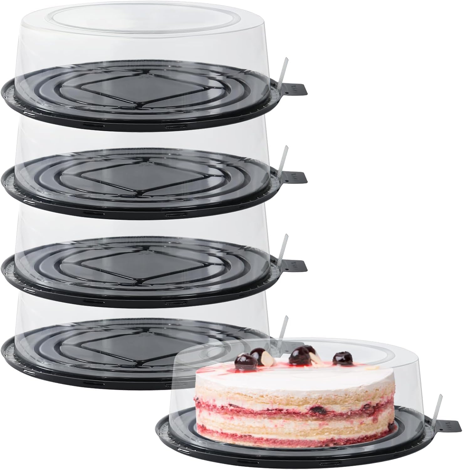 Cake Carriers, disposable round plastic cake containers with dome lids and boards for transport and storage, clear bundt cake boxes for bakeries parties home baking, 5 pieces clear 10 inch