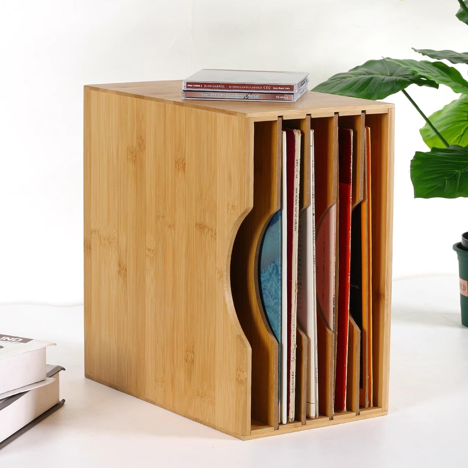 Supporto per dischi in vinile, espositore in bambù con 5 scomparti per album, riviste, libri e file, organizer a doppio scopo