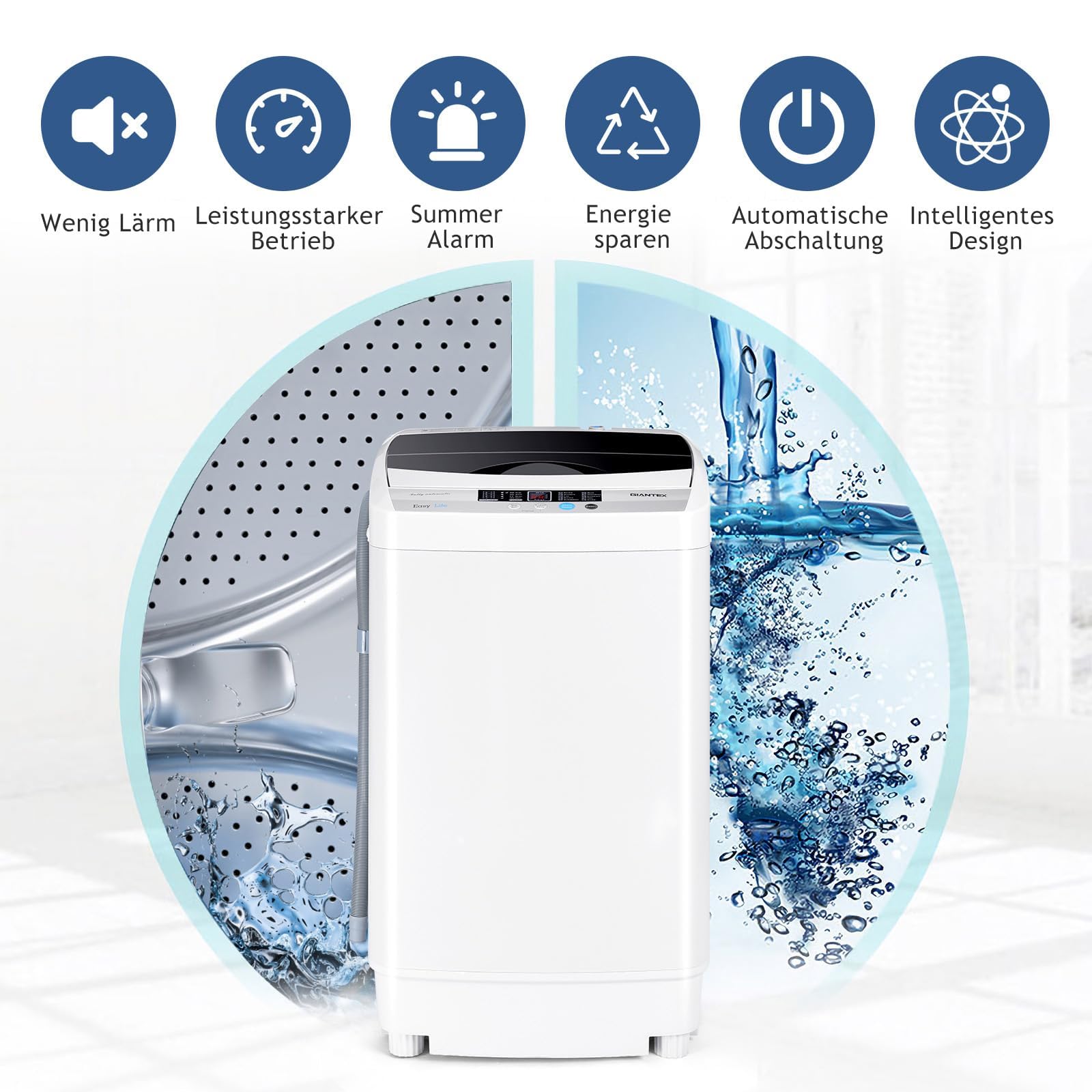 FANTASK Waschmaschine klein, Toplader Waschvollautomat 310W/ 50×50×85cm, Mini-Waschmaschine mit Display, Pump & Schleuder für Appartement und Wohnmobil [Energieklasse B]