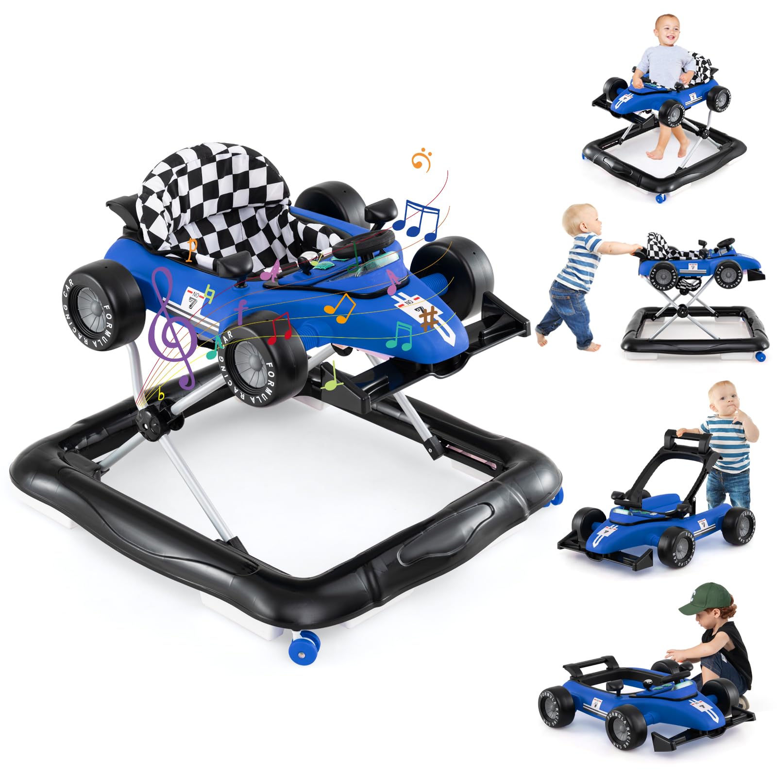 HONEY JOY Baby Walker, 4-in-1 Foldable Infant Activity Push Walker, Toddler Car Walker with Adjustable Heights, Music, Lights, Padded Seat, Baby Walker with Wheels for Boys Girls 6-18 Months (Blue)