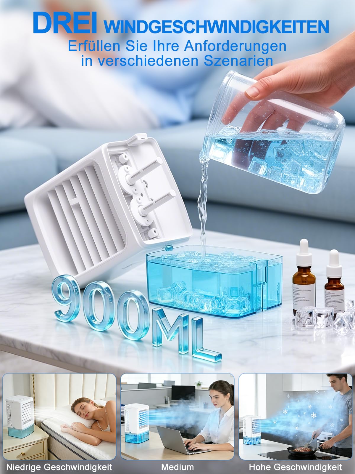 Mini Klimaanlage Ventilator 4-in-1, Lüfter, Luftkühler mit Befeuchter & LED Licht, 900ml Wassertank, 3 Geschwindigkeiten, 60° Verstellbar, USB 5V, Leise Mobiler Air Cooler für Büro Schlafzimmer Auto