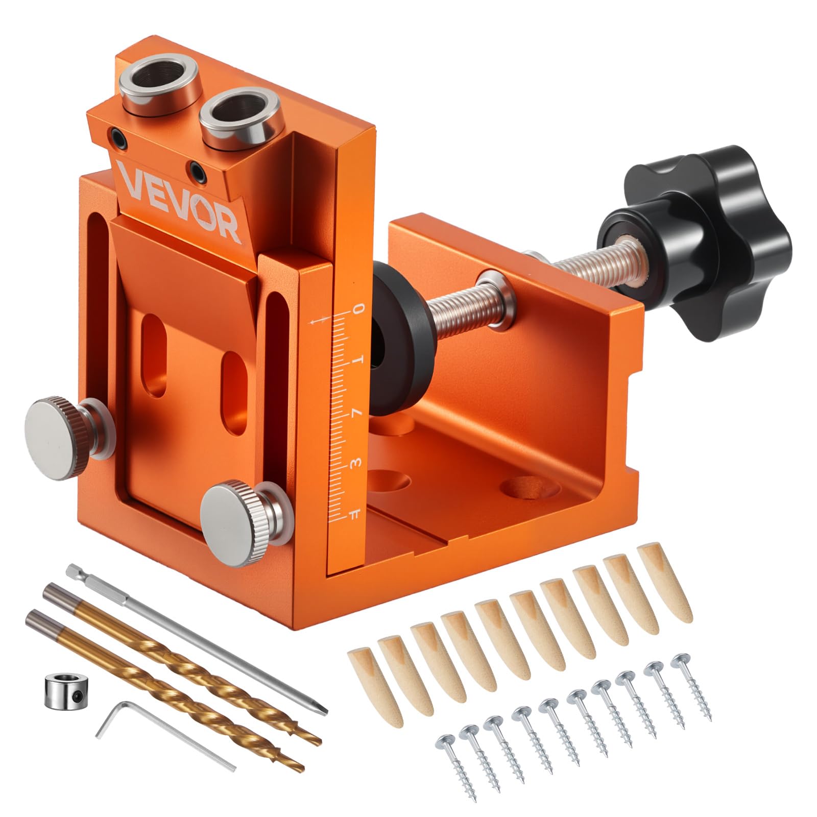 VEVOR Kit Maschera per Fori Ciechi Regolabile da 12 mm a 48 mm, Sistema di Fori Tascabili con Trapano a Gradini, Chiave Esagonale, Anello di Arresto del Trapano, per la Lavorazione del Legno