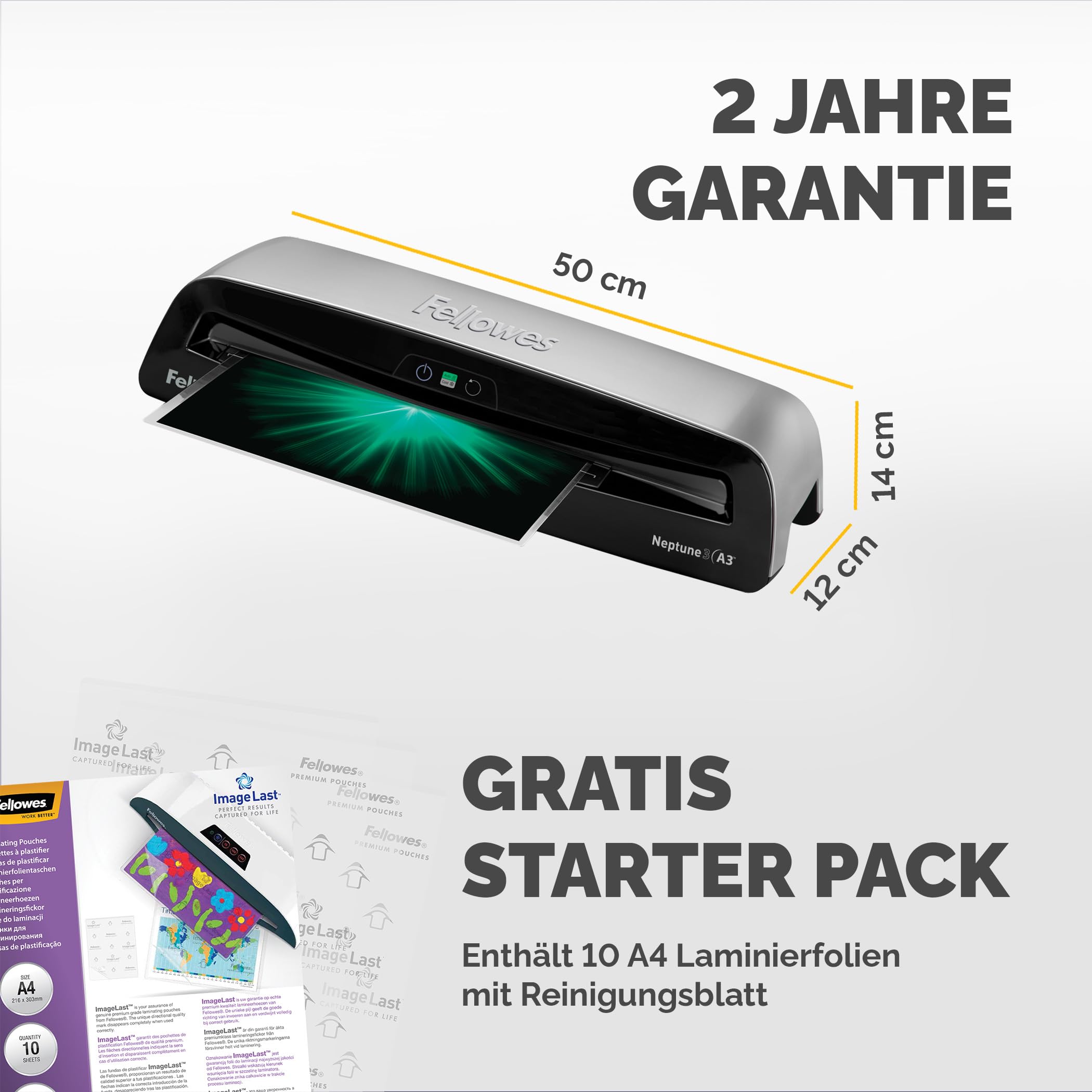 Fellowes A3 Laminiergerät Neptune 3 - bis 175 Mikron - Aufwärmzeit nur 60 Sekunden - AutoSense Technologie und Folien-Tracker - inkl. 10 gratis Laminierfolien