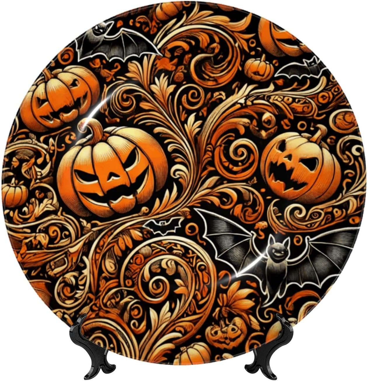 Jack-Lanterns-Bats 10 Inch Decorative Plate With Stand, Elegant Display Wall Plate For Home Decor