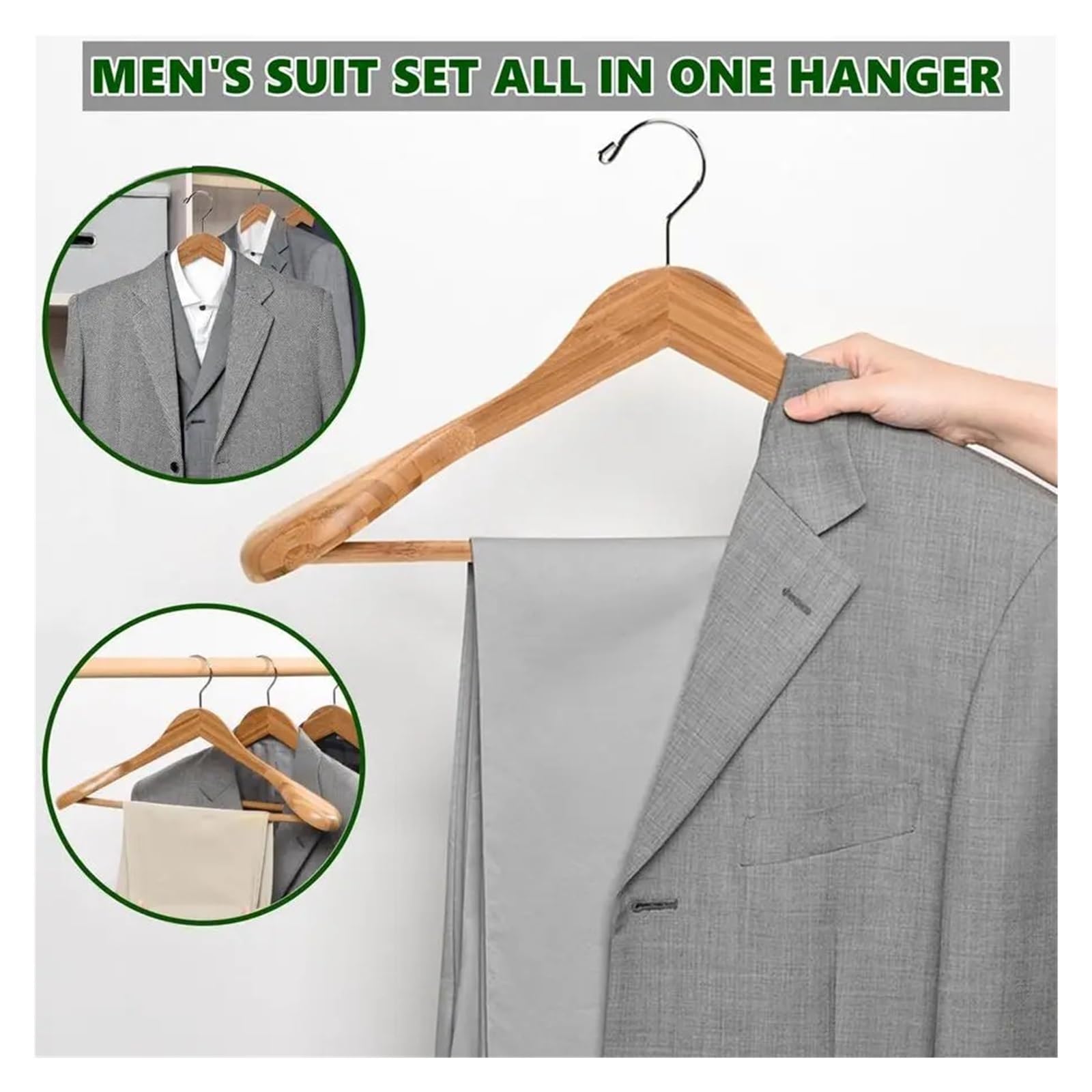 Kleiderbügel 6er-Pack natürliche Anzug-Kleiderbügel aus Holz mit breiter Schulter, Kleiderbügel Hosenstange, robuste Jacken-Kleiderbügel für Anzüge
