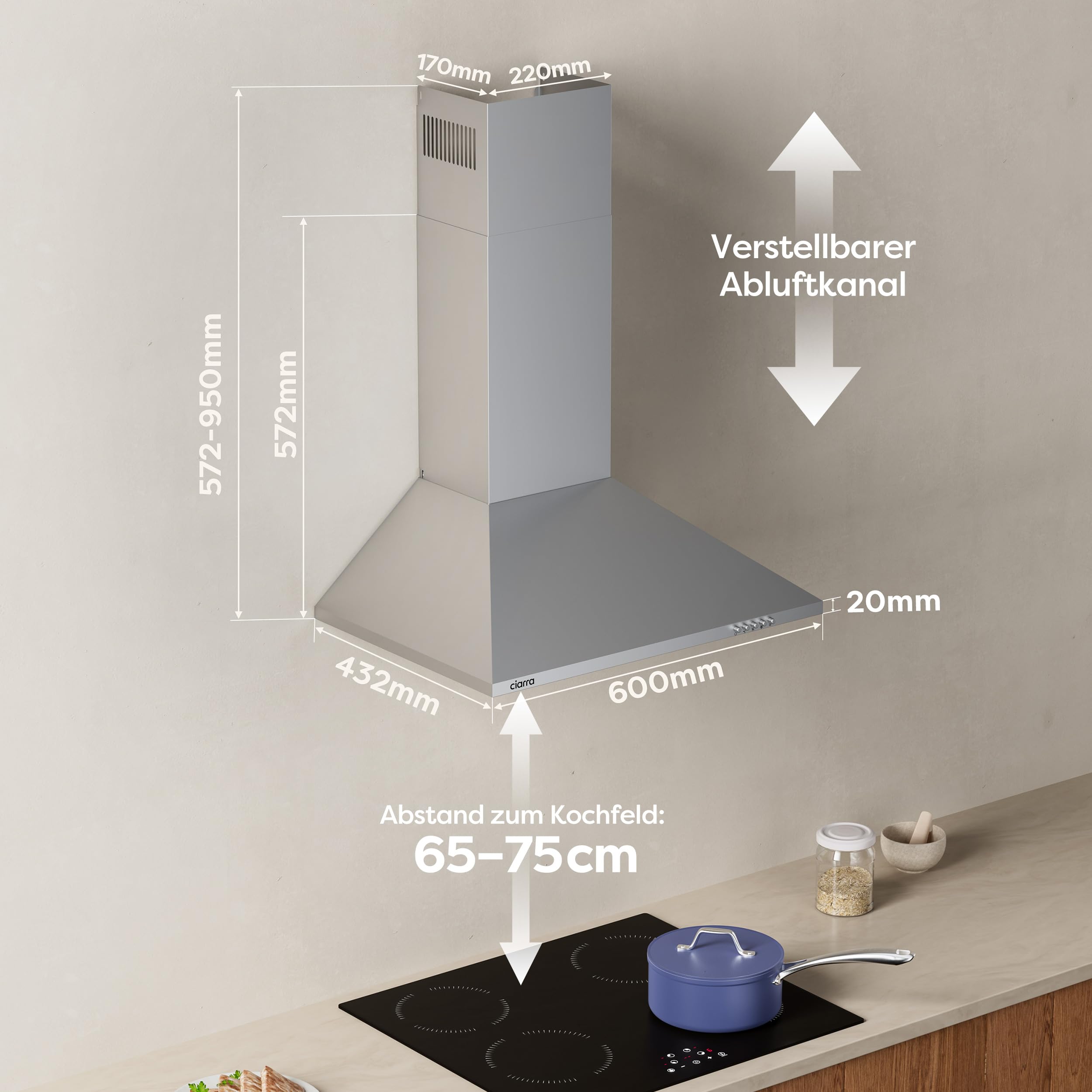 CIARRA CBCS6201 A++ Dunstabzugshaube 60 cm Edelstahl Pyramide Umluft Abluft 404 m³/h 60 dB 3 Leistungsstufen inkl. Aktivkohlefilter Fettfilter