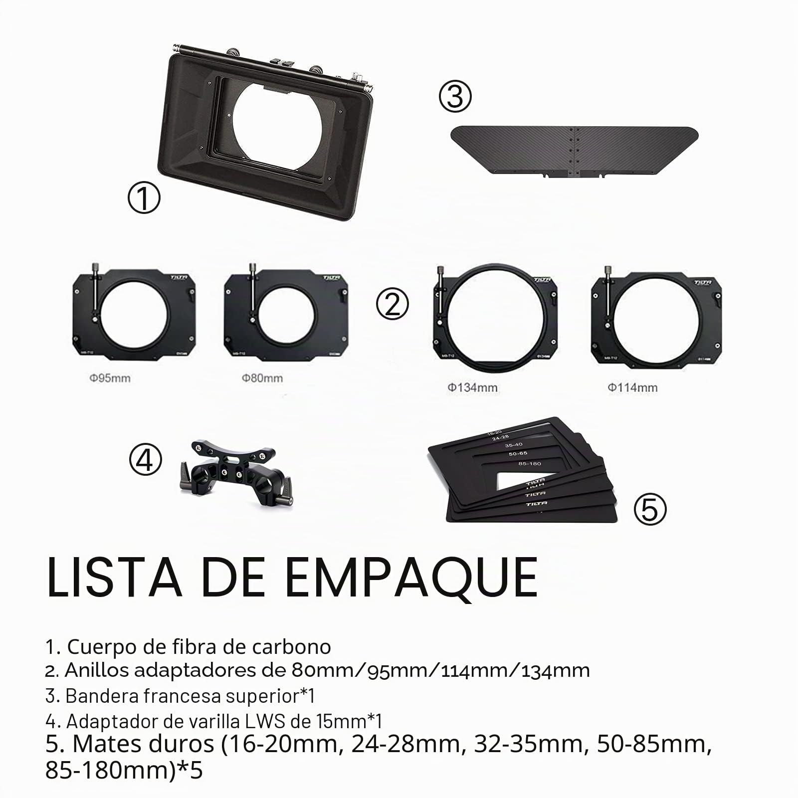 Tilta Matte Box Caja mate para cámaras Studio Cinima, 3 piezas de 4 x 5,65 "marco de filtro con 5 anillos adaptadores de lentes (134/114/110/95/80 mm) 5 piezas frontal mate MB-T12
