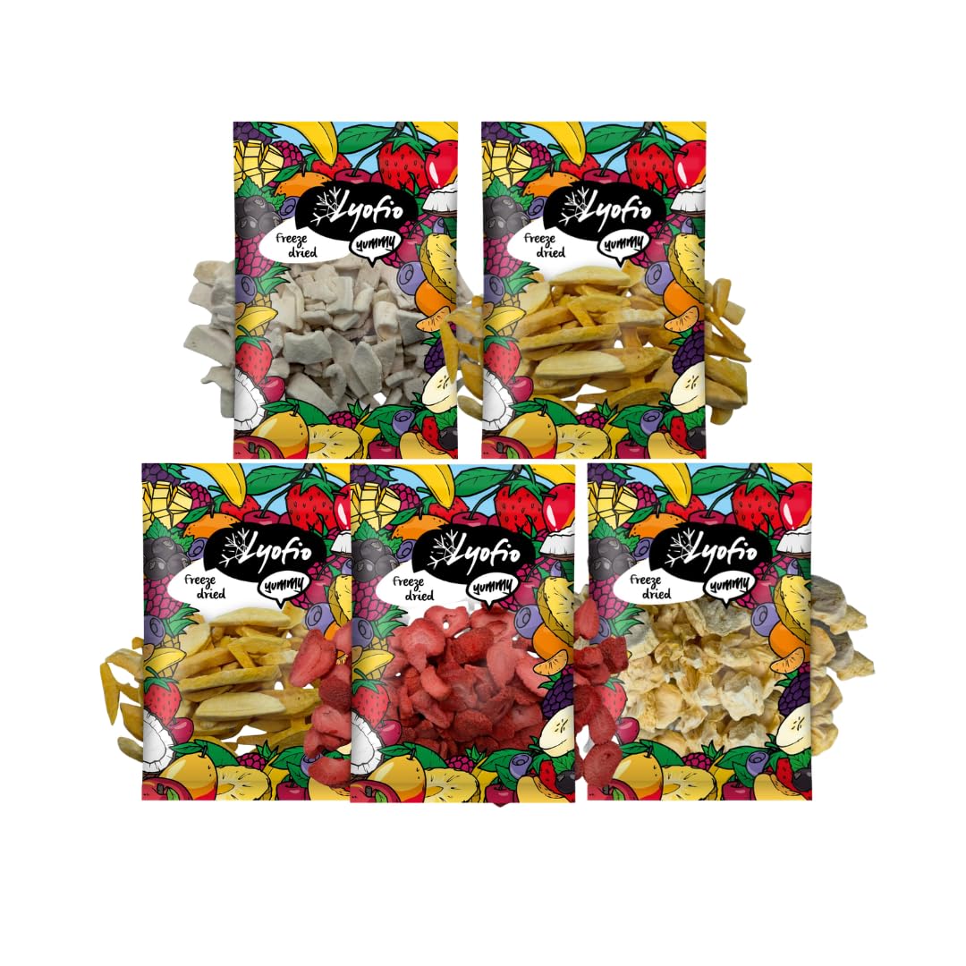 Lyopro Gefriergetrockneter Fruchtmix 500 g (5 × 100 g) – Mango, Erdbeere, Ananas, Pfirsich & Kokos – 100% Frucht, Ohne Zuckerzusatz, Vegan, Glutenfrei