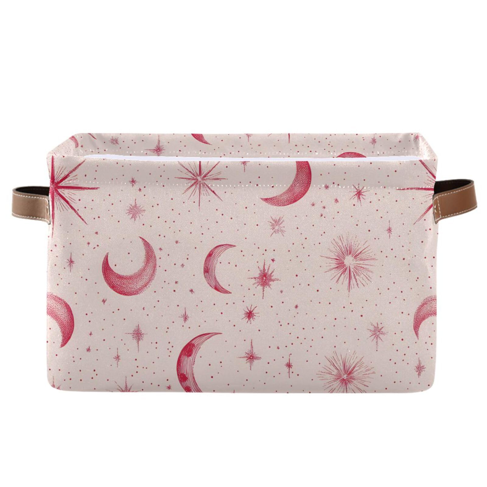Pink Star Moon Storage Basket Large Foldable Canvas Storage Bin with Handle Rectangular Decorative File Box Fabric Boxes for Shelf Closet, 1 Pack