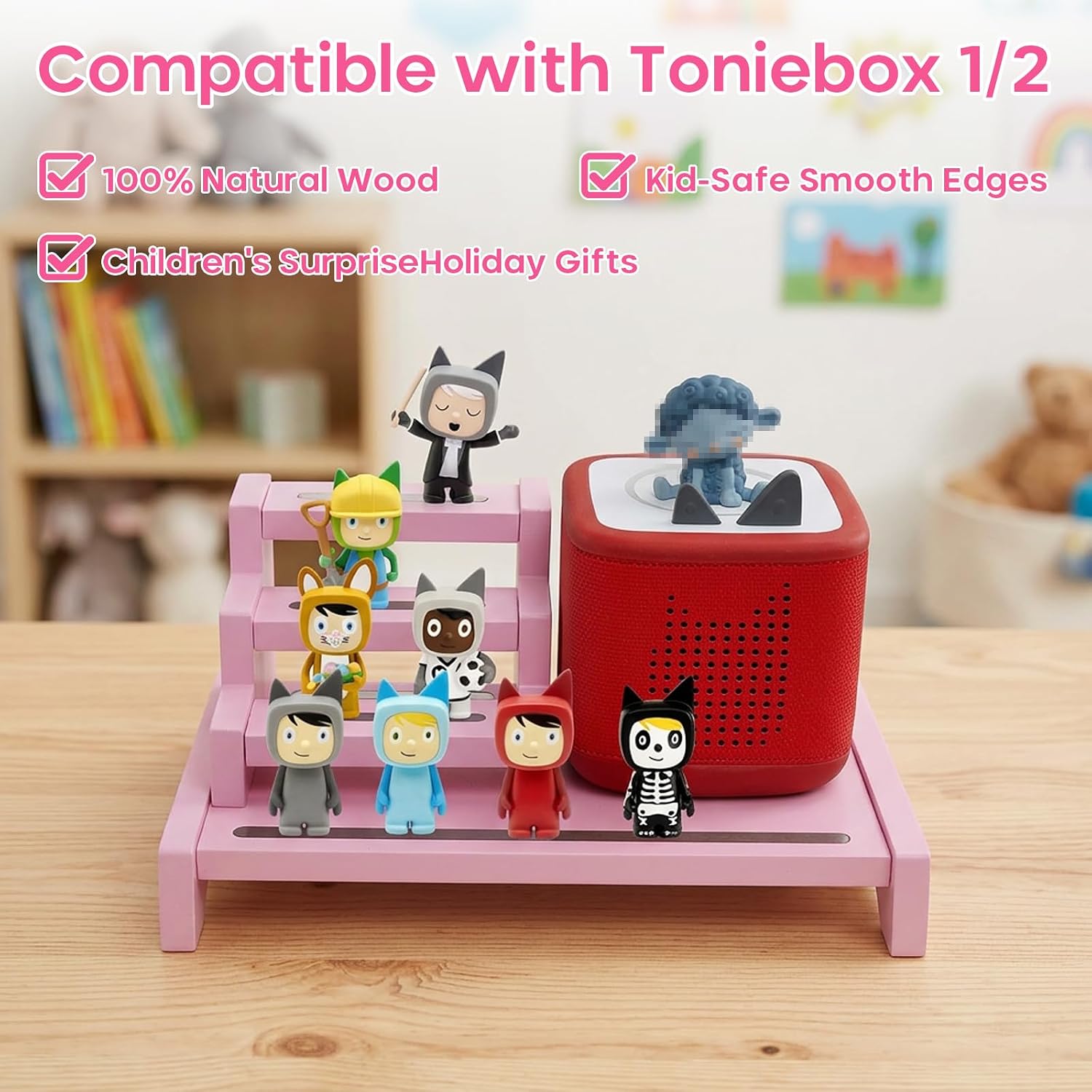 for Tonies Box Organizer Shelf, 3-Tier Pink Tonies Magnetic Shelf Compatible with Toniesbox 1 and Toniesbox 2, Desktop Display Storage Rack for 10-15 Tonies Figures and Compatible Charging Station