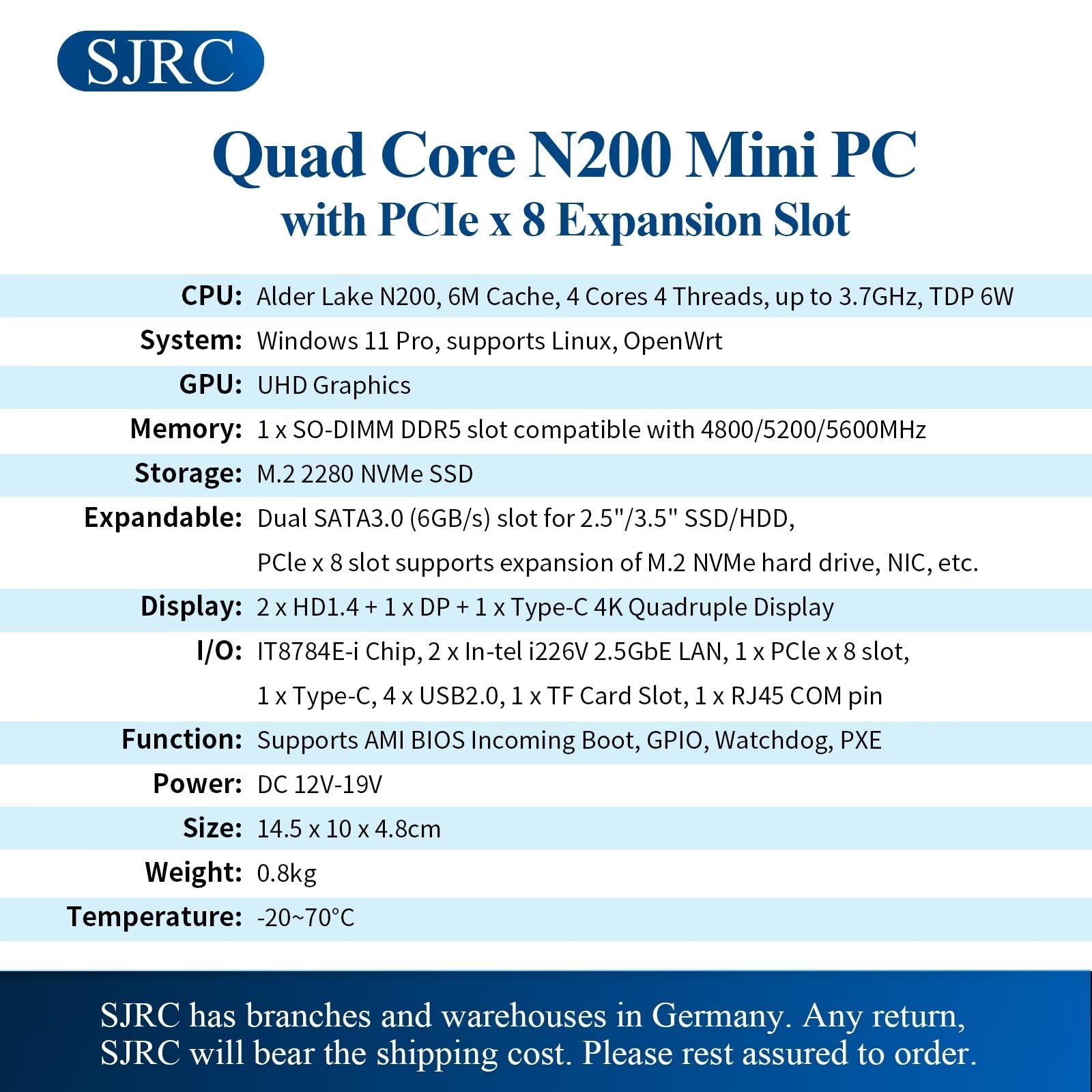 SJRC Fanless Mini PC 12th Gen N200 Firewall Micro Appliance, Designed for DIY/3D Printing Enthusiast, 2x i226V 2.5GbE LAN, PCIe x8, Type C, TF Slot, Barebone NO RAM NO SSD NO OS
