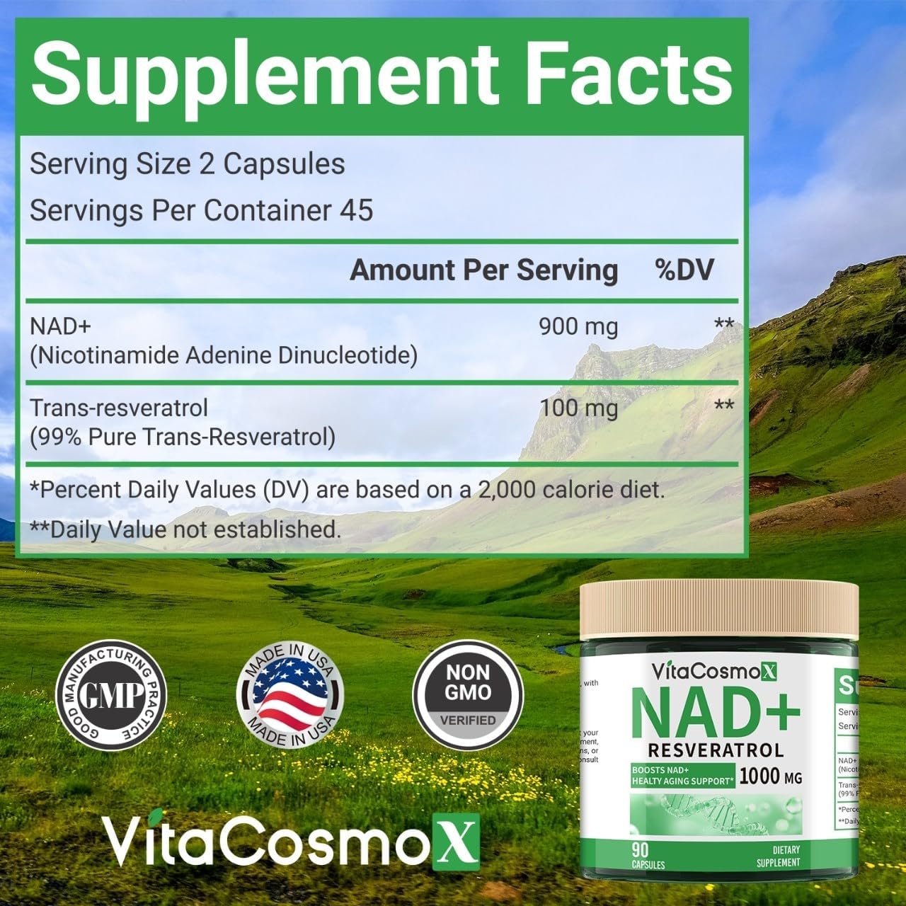 NAD+ Nicotinamide Riboside Resveratrol Supplement, 1000 mg, 90 Capsules Vegan Non-GMO - 2 Packs