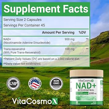 NAD+ with Resveratrol Similar to Nicotinamide Riboside Supplement, 1000 mg, 90 Capsules Vegan Non-GMO