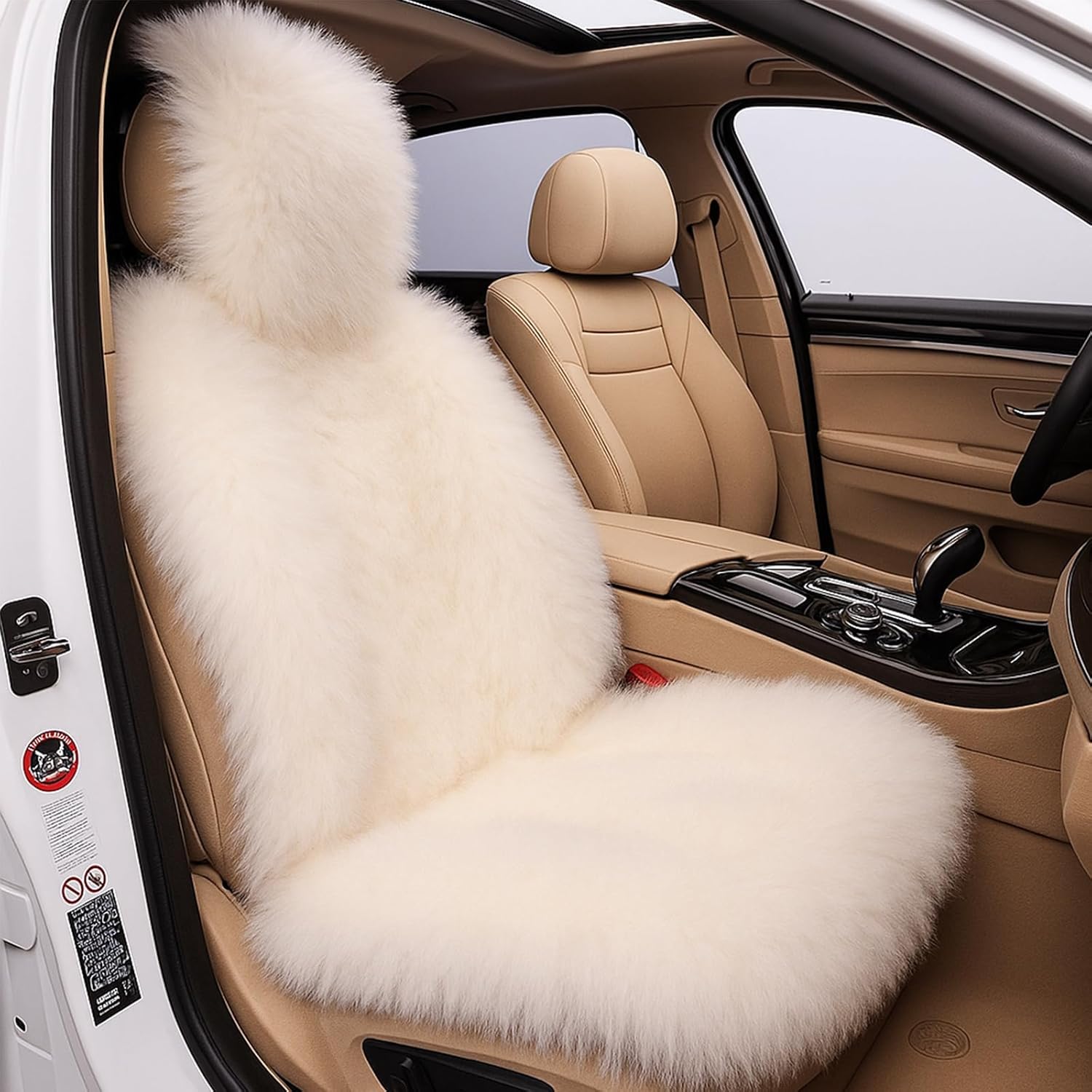OKAYDA Genuine Australian Sheepskin Car Seat Covers, Fluffy Long Wool & Universal Fit for SUV/Truck/Van, Airbag-Safe Fuzzy Fur Car Seat Cover (White)
