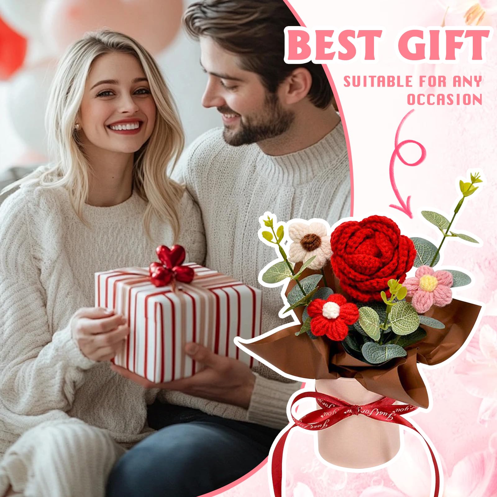Rosas Rojas Ramo de Flores Ganchillo, Ramo de Flores de Punto Hecho a Mano, Flores Artificiales para cumpleaños, San Valentín, Regalos de Punto para Madre, Mujeres, Amigas
