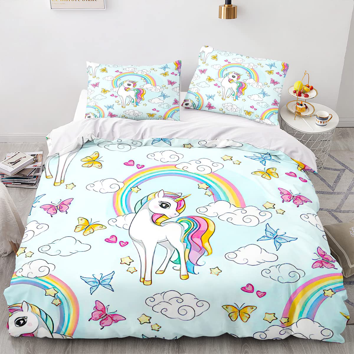 Xisnuient Duvet Cover with Unicorn Themed 2/3 Pieces Comfort Sheet Set for Children Pegasus Rainbow Girl Magical Unicorn Bedding Duvet Cover (Color 2, Bed 90 cm, 150 x 200 cm)