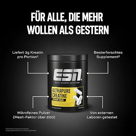 ESN Ultrapure Creatine Monohydrate 300 Capsules 100 Servings Creatine Capsules Microfine & Perfectly Soluble Vegan Made in Germany Capsules with creatine monohydrate 3 g creatine per serving to support physical performance tasteless vegan