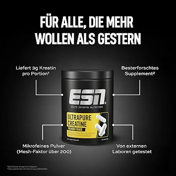 ESN Ultrapure Creatine Monohydrate 300 Capsules 100 Servings Creatine Capsules Microfine & Perfectly Soluble Vegan Made in Germany Capsules with creatine monohydrate 3 g creatine per serving to support physical performance tasteless vegan