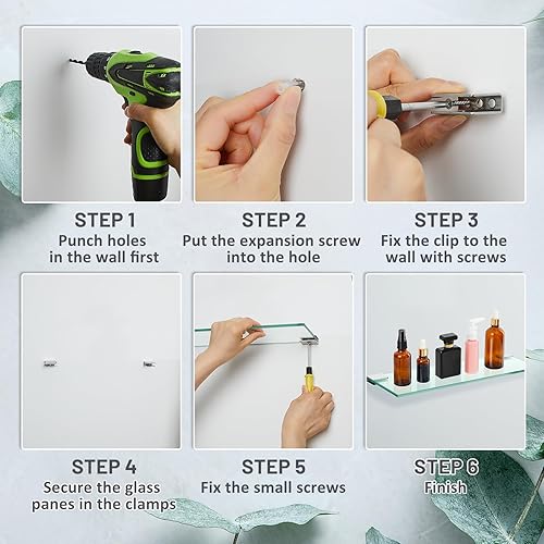 Miniatura 7 de Tatuo Estante de baño de 2 piezas de vidrio templado para baño, acero inoxidable 304, estantes de vidrio flotante (23.6 pulgadas)