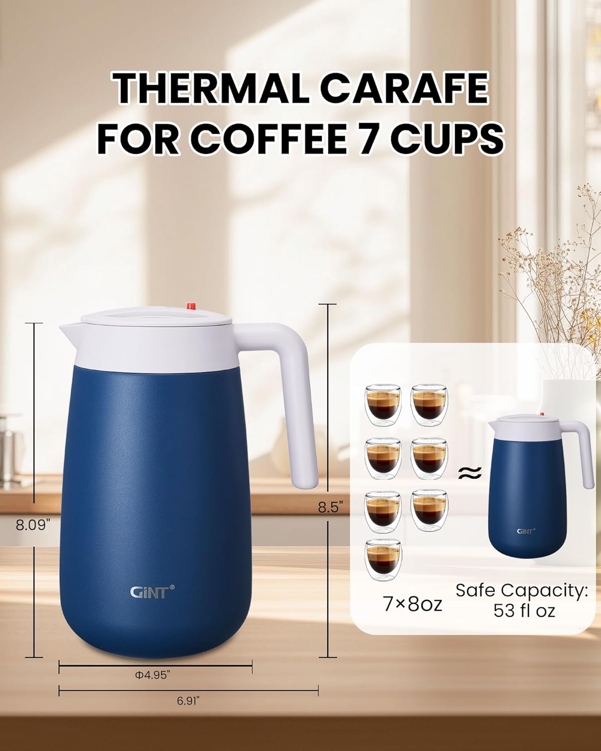 GiNT 54Oz/1.6L Thermal Coffee Carafe Wide Mouth - Double Wall Vacuum Insulated Stainless Steel Beverage Dispenser with Safety Lock | 12H Hot & 24H Cold Retention (Blue)