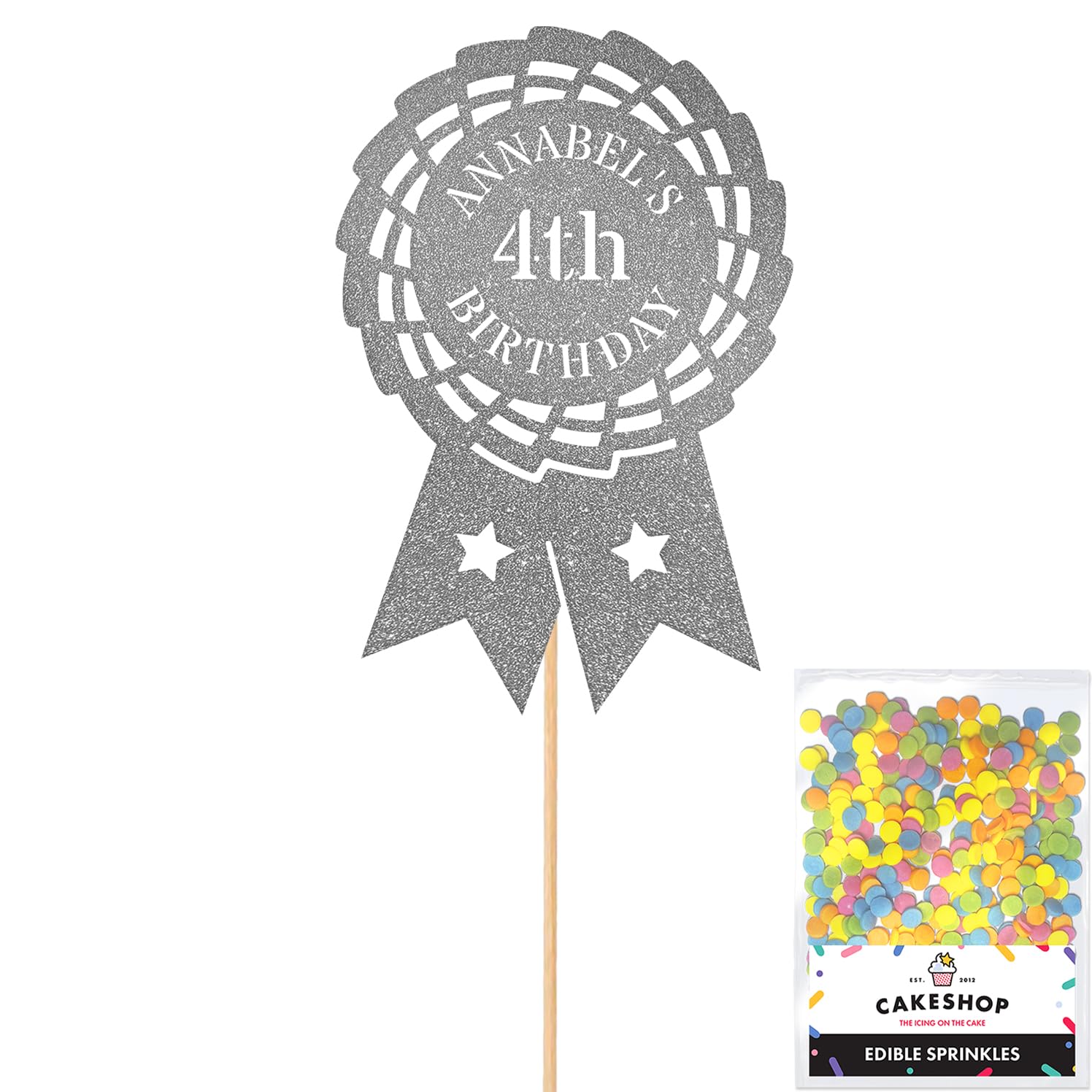 Personalised Horse Riding Rosette Award Glitter Cake Topper Dk Silver Custom Age & Name Glitter Cake Decoration and Sprinkles - Happy Birthday Decorations - Personalised Toppers for Cakes by Cakeshop
