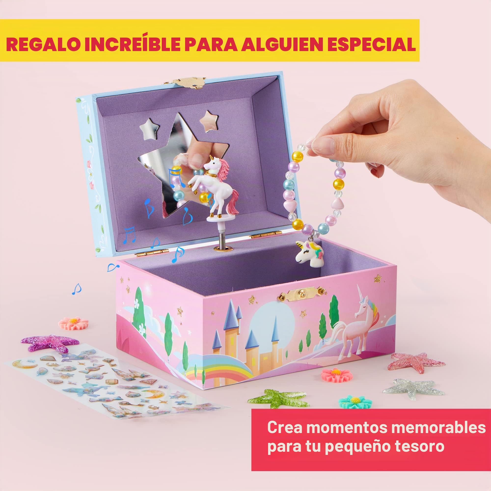JOYIN Joyero musical de unicornio para niñas con espejo en forma de estrella, pulsera y calcomanías temáticas de unicornio giratorio y unicornio, regalo de cumpleaños