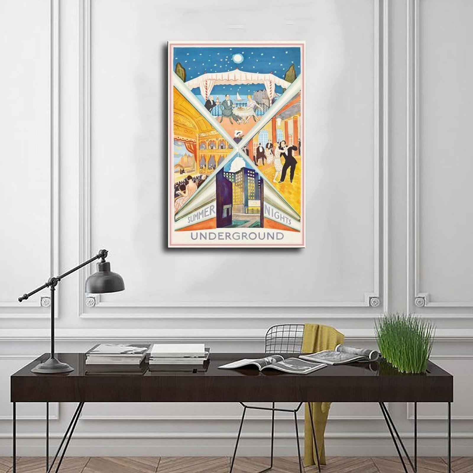 QOGDAF Poster su tela con stampa di Londra Underground Summer Nights, decorazione per camera da letto, ufficio, camera da letto, regalo, 60 x 90 cm