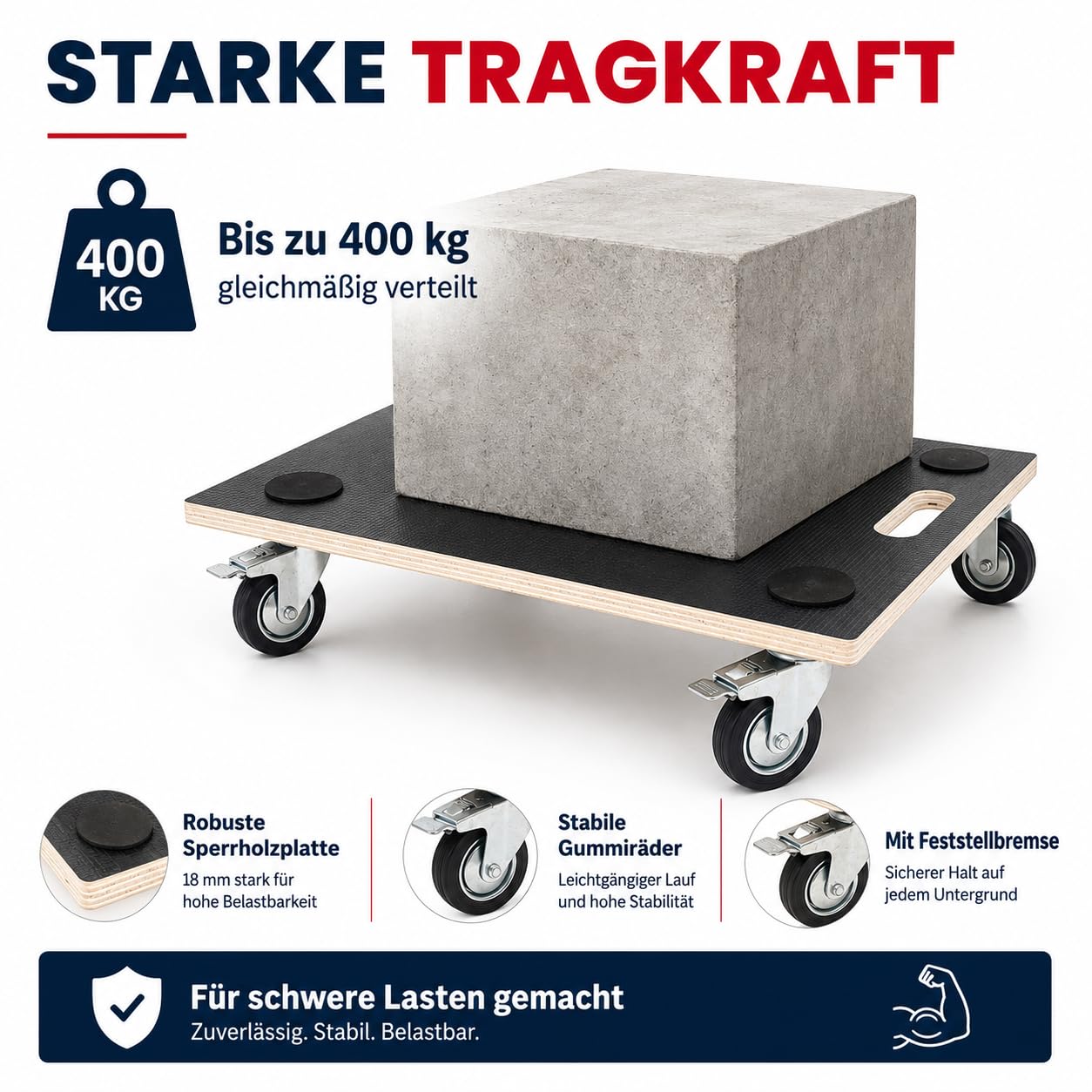 HOME It® Work Möbelroller 400 kg – Transportroller 58 x 29 cm mit 4 Lenkrollen, 2 Bremsen – 18 mm Sperrholz Rollbrett mit Anti-Rutsch-Flächen – Möbelhund für Umzug & Werkstatt